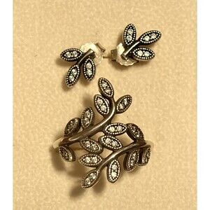 Authentic PANDORA “Sparkling Leaves” Ring & Earring Set -Sterling & CZ's -Sz 7.5